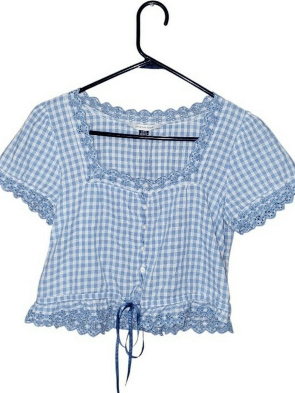 American Eagle Short Sleeve Button Up Gingham Top - Picture 3 of 8